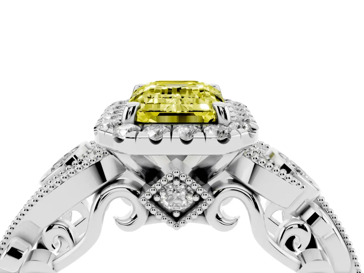 Fancy Yellow Emerald Cut Diamond Halo Ring with Milgrain Pavé Band and Four-Prong Setting White gold