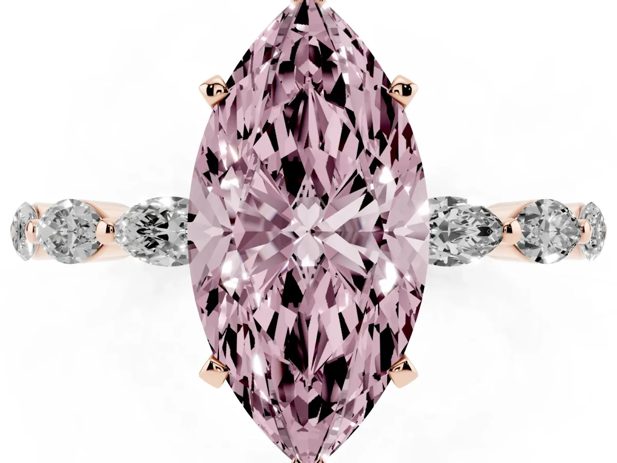 Fancy Pink Marquise Cut Diamond Ring with Marquise Side Stones and Prong Setting Rose gold