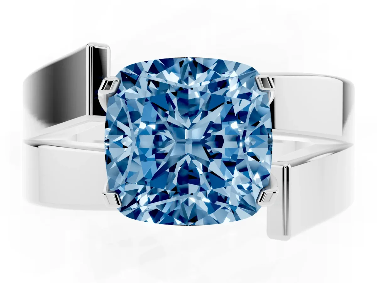 Fancy Blue Modern Tension Set Cushion Cut Diamond Solitaire Wide Band Ring Silver