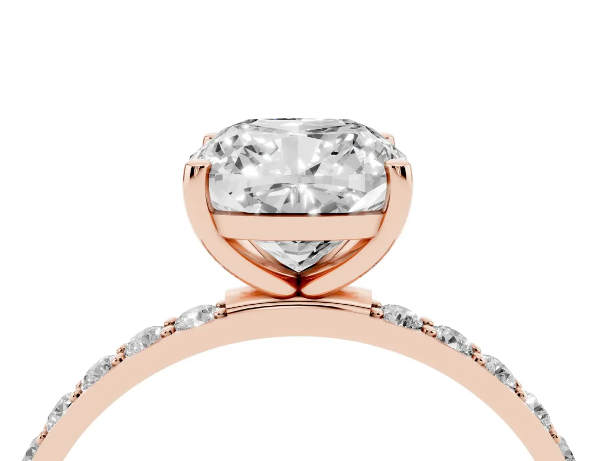 Cushion Cut Diamond Solitaire Ring with Round Pavé Shoulders and Prong Setting Rose gold