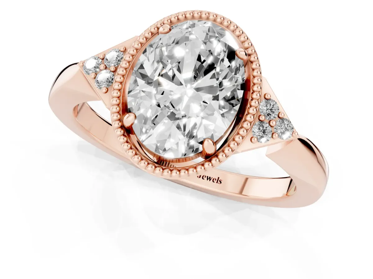 Hexagonal Halo Oval Cut Diamond Solitaire with Pavé Band and Four-Prong Setting Rose gold