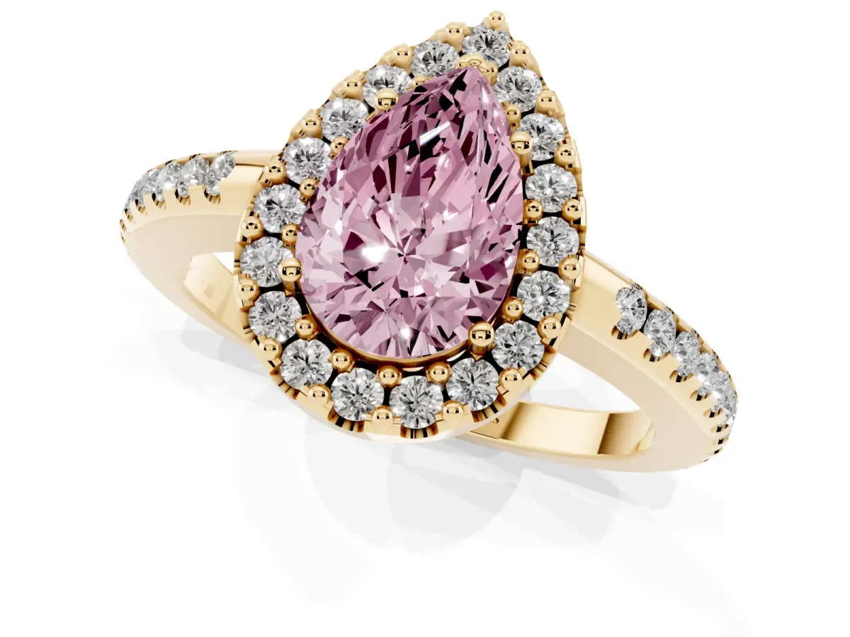 Fancy Pink Pear Cut Diamond Pavé Halo Ring with Four-Prong Setting Yellow gold