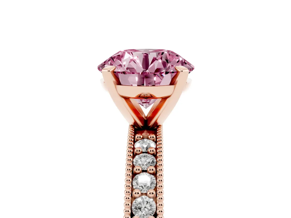 Fancy Pink Round Cut Diamond Milgrain Pavé Engagement Ring with Four-Prong Setting Rose gold