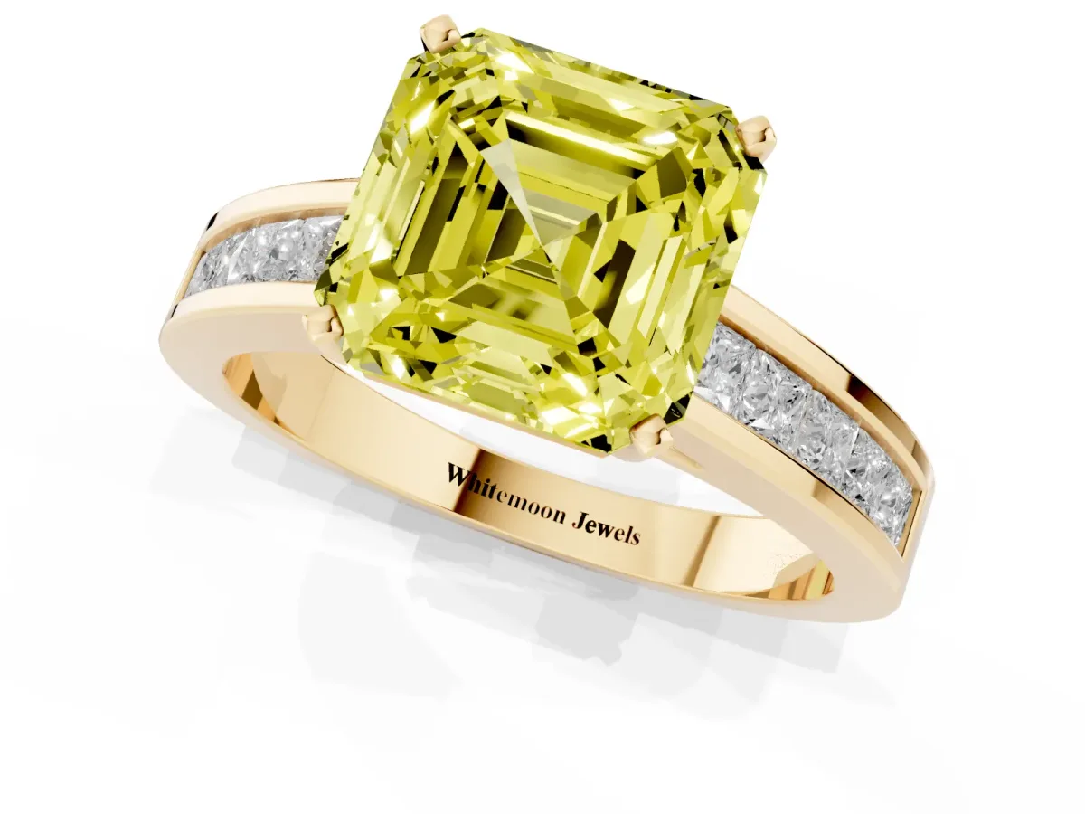 Fancy Yellow Asscher Cut Solitaire Diamond Ring with Channel-Set Band and Four-Prong Setting Yellow gold