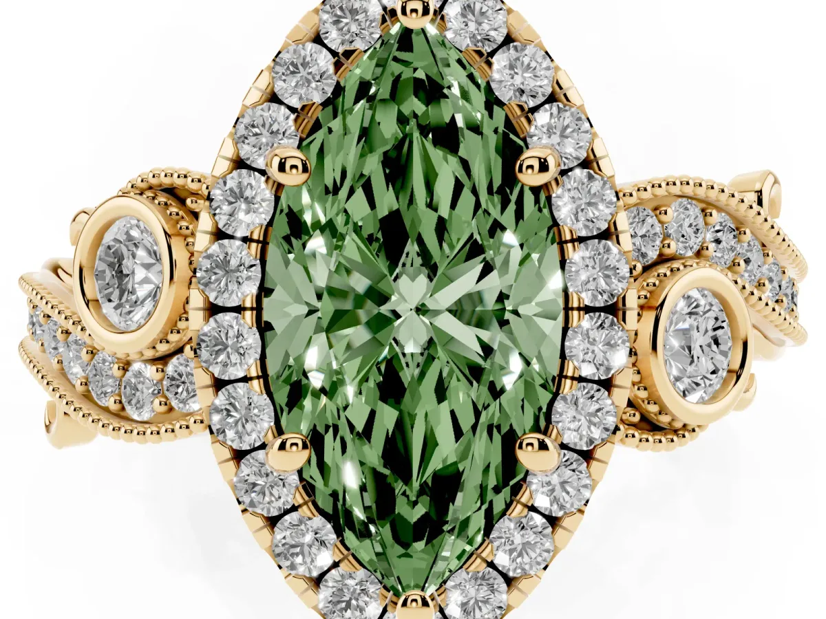 Fancy Green Marquise Cut Diamond Halo Ring with Milgrain Pavé Band and Four-Prong Setting Yellow gold