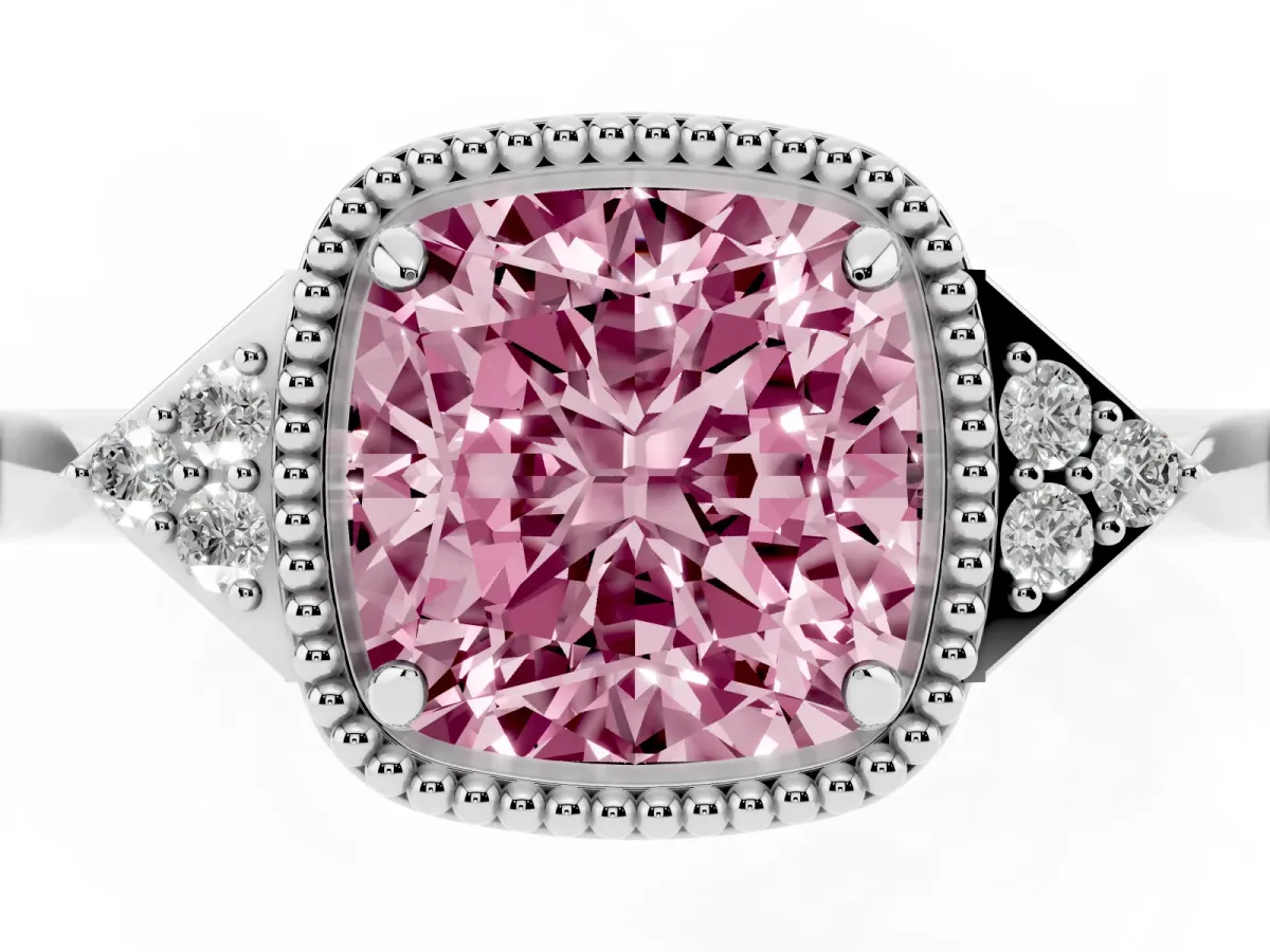 Fancy Pink Hexagonal Halo Cushion Cut Diamond Solitaire with Pavé Band and Four-Prong Setting Silver