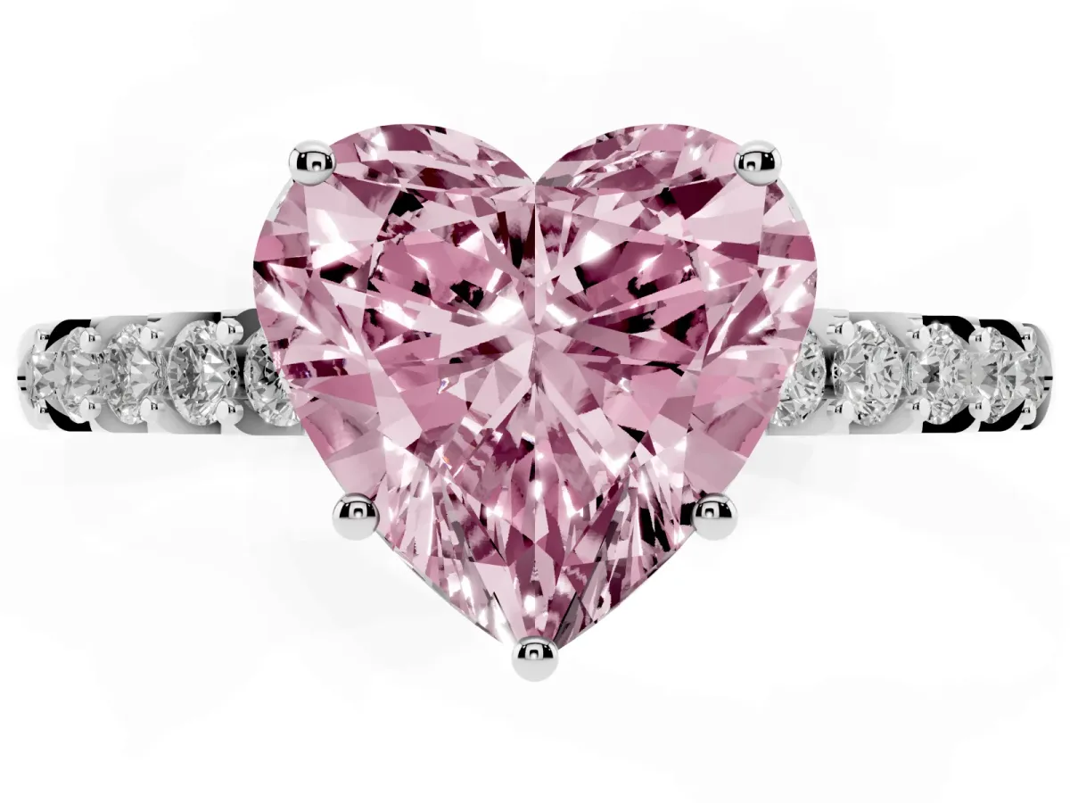 Fancy Pink Heart Cut Solitaire Diamond Engagement Ring with Pavé Band and Six-Prong Setting Platinum