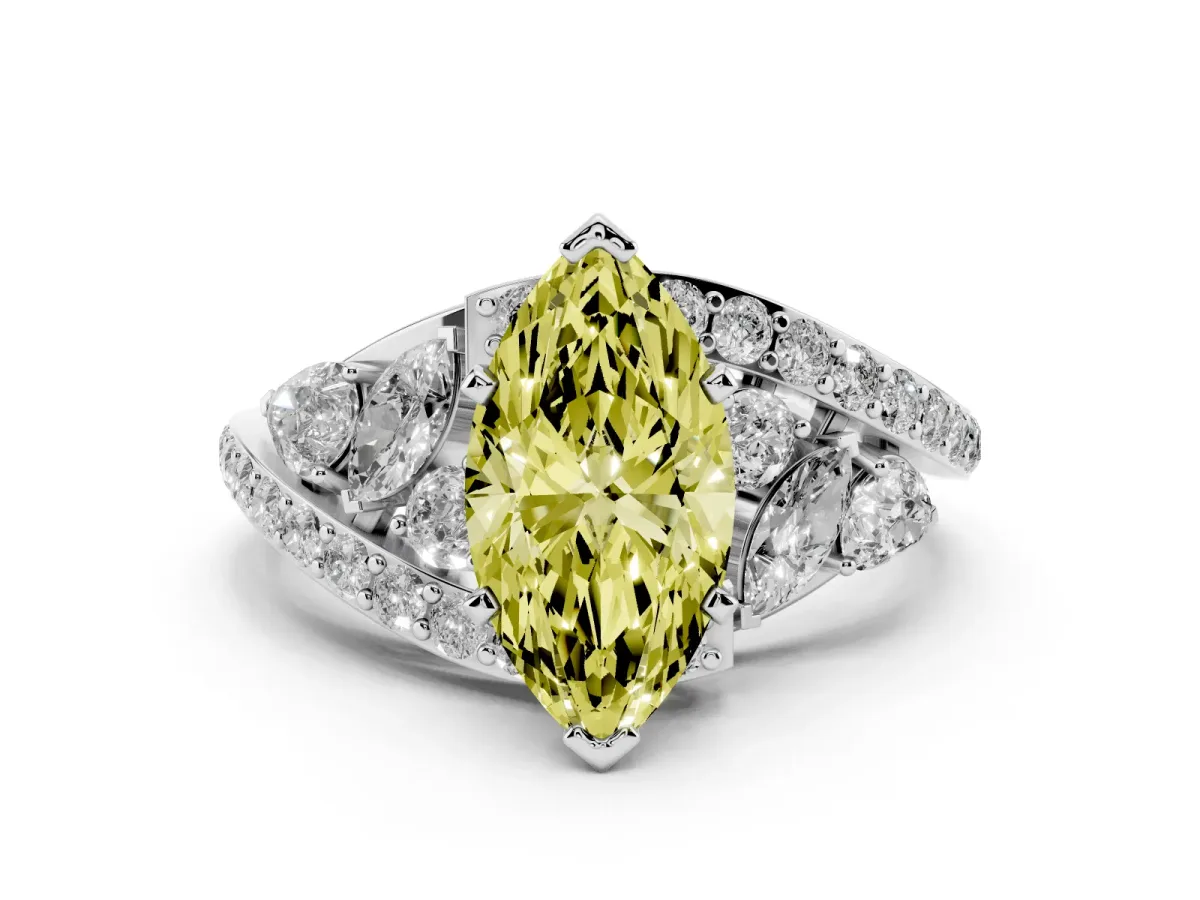 Fancy Yellow Marquise Cut Diamond Halo Ring with Marquise and Pavé Band in Prong Setting Platinum