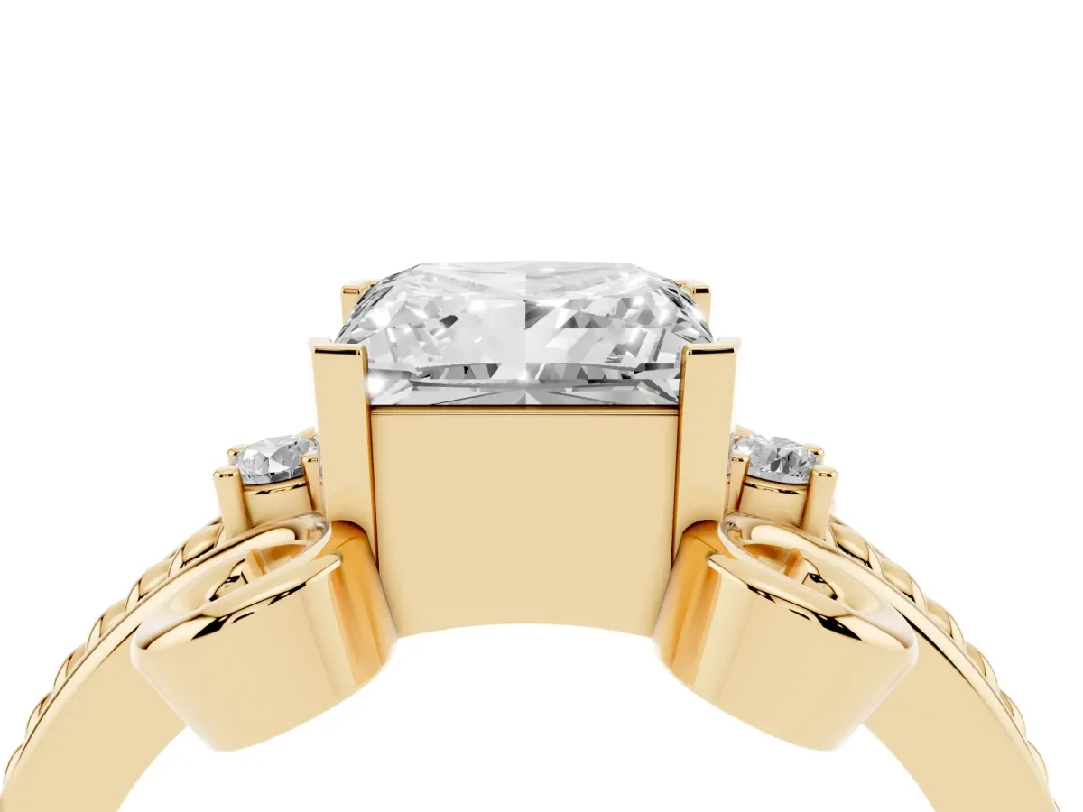 Princess Cut Solitaire Twisted Band Scroll Prong Ring Yellow gold