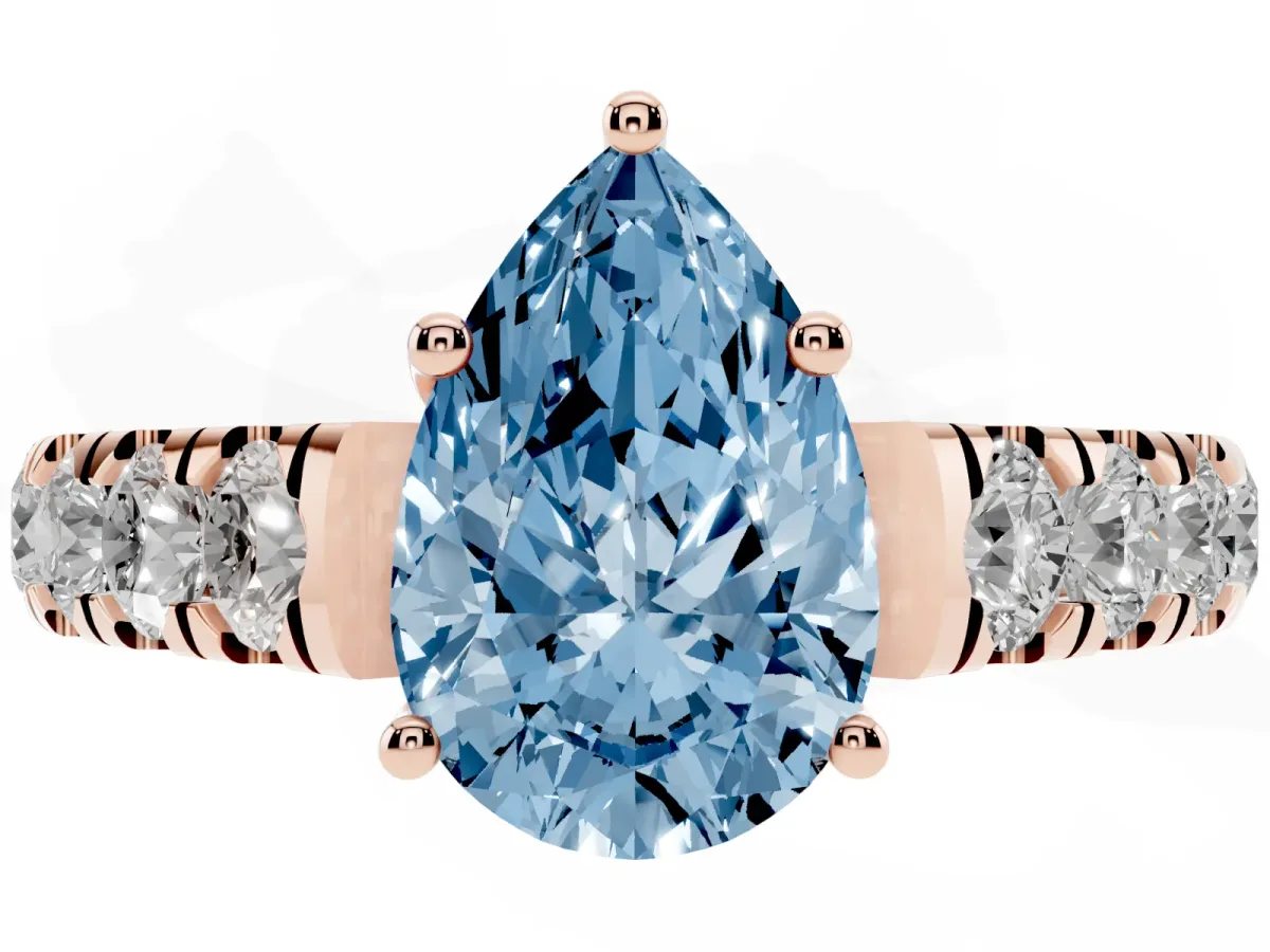 Fancy Blue Pear Cut Cut Diamond Solitaire Ring with Micro Pave Band and Prong Setting Rose gold