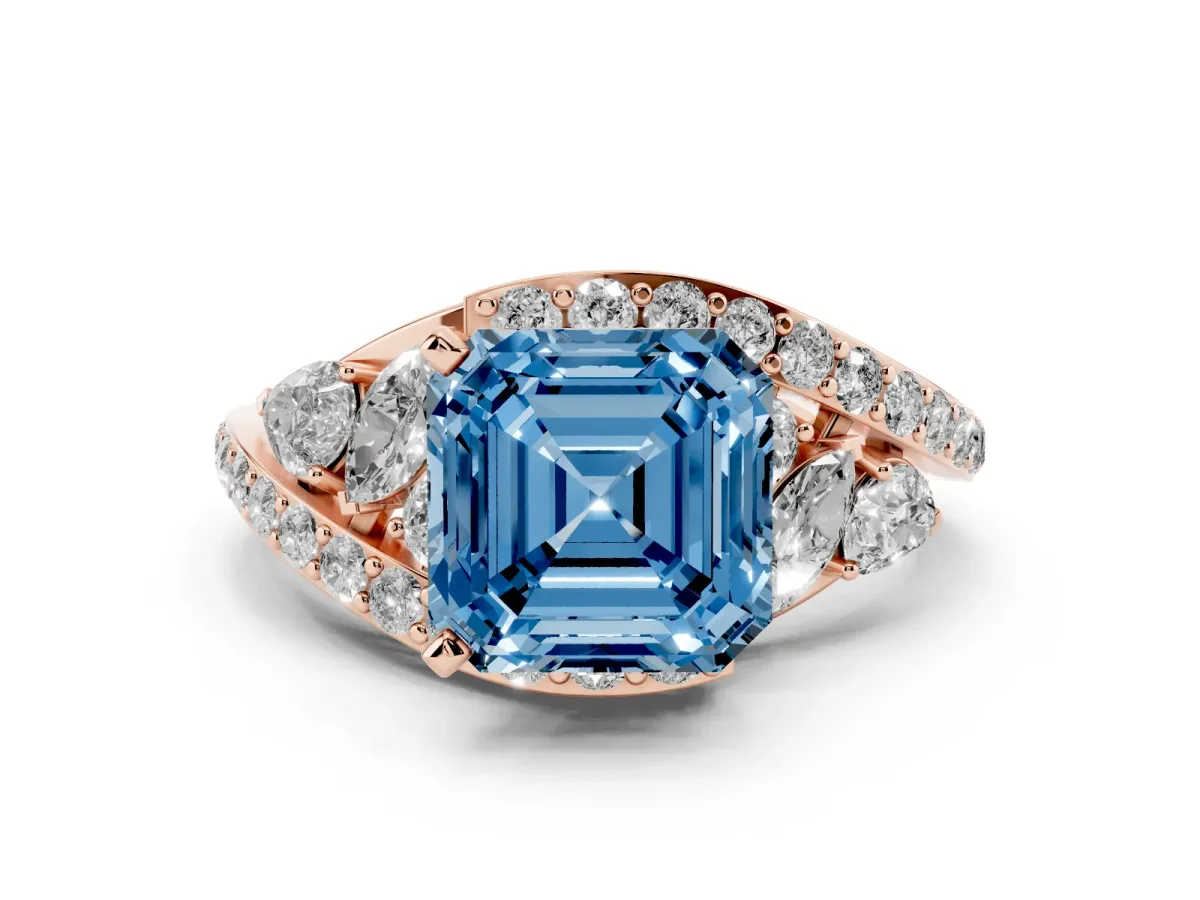 Fancy Blue Asscher Cut Diamond Halo Ring with Marquise and Pavé Band in Prong Setting Rose gold