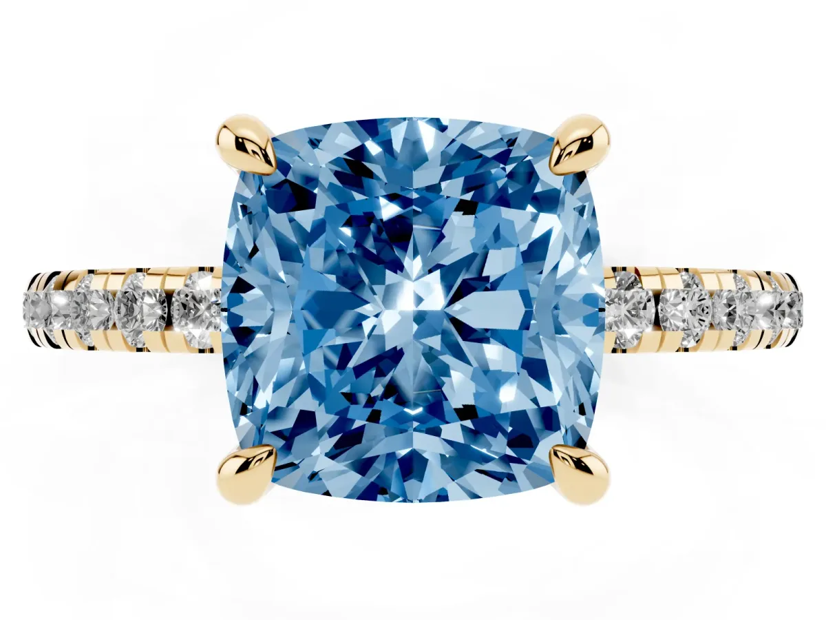 Fancy Blue Cushion Cut Diamond Brilliant Solitaire Ring with Pavé Band and Four-Prong Setting Yellow gold
