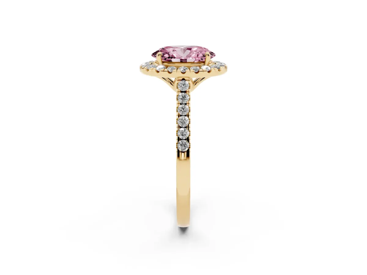 Fancy Pink Oval Cut Halo Pavé Diamond Engagement Ring with Four-Prong Setting Yellow gold