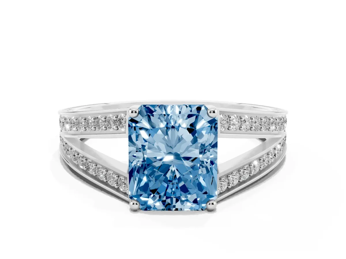 Fancy Blue Radiant Cut Diamond Split Shank Ring with Pavé Band and Four-Prong Setting White gold