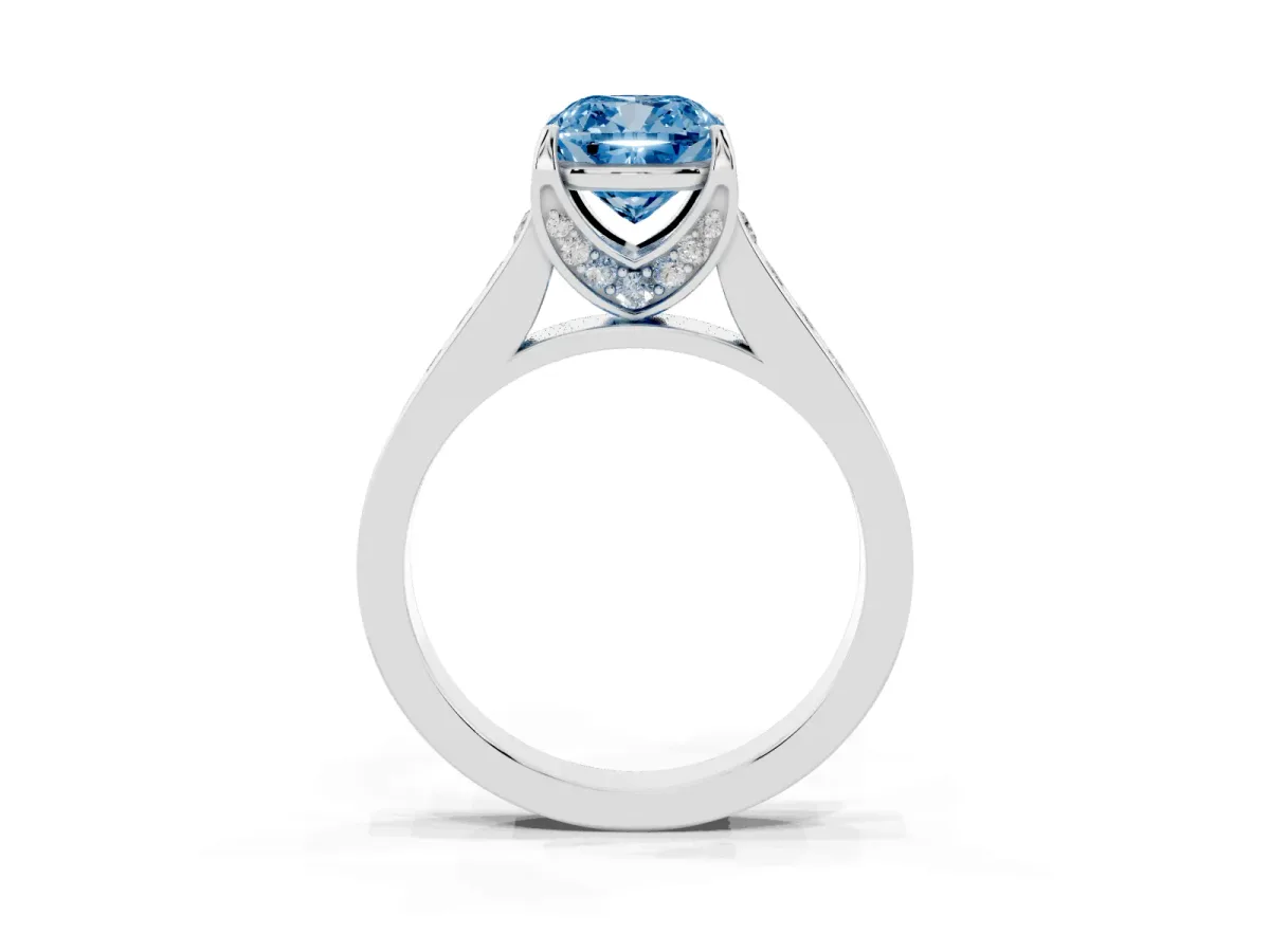 Fancy Blue Cushion Cut Brilliant Cut Diamond Engagement Ring with Pavé Band and Four-Prong Setting White gold