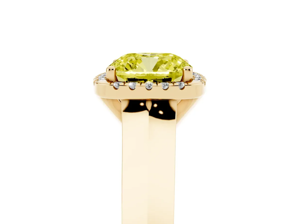 Fancy Yellow Cushion Cut Halo Diamond Ring with Cathedral Band and Four-Prong Setting Yellow gold