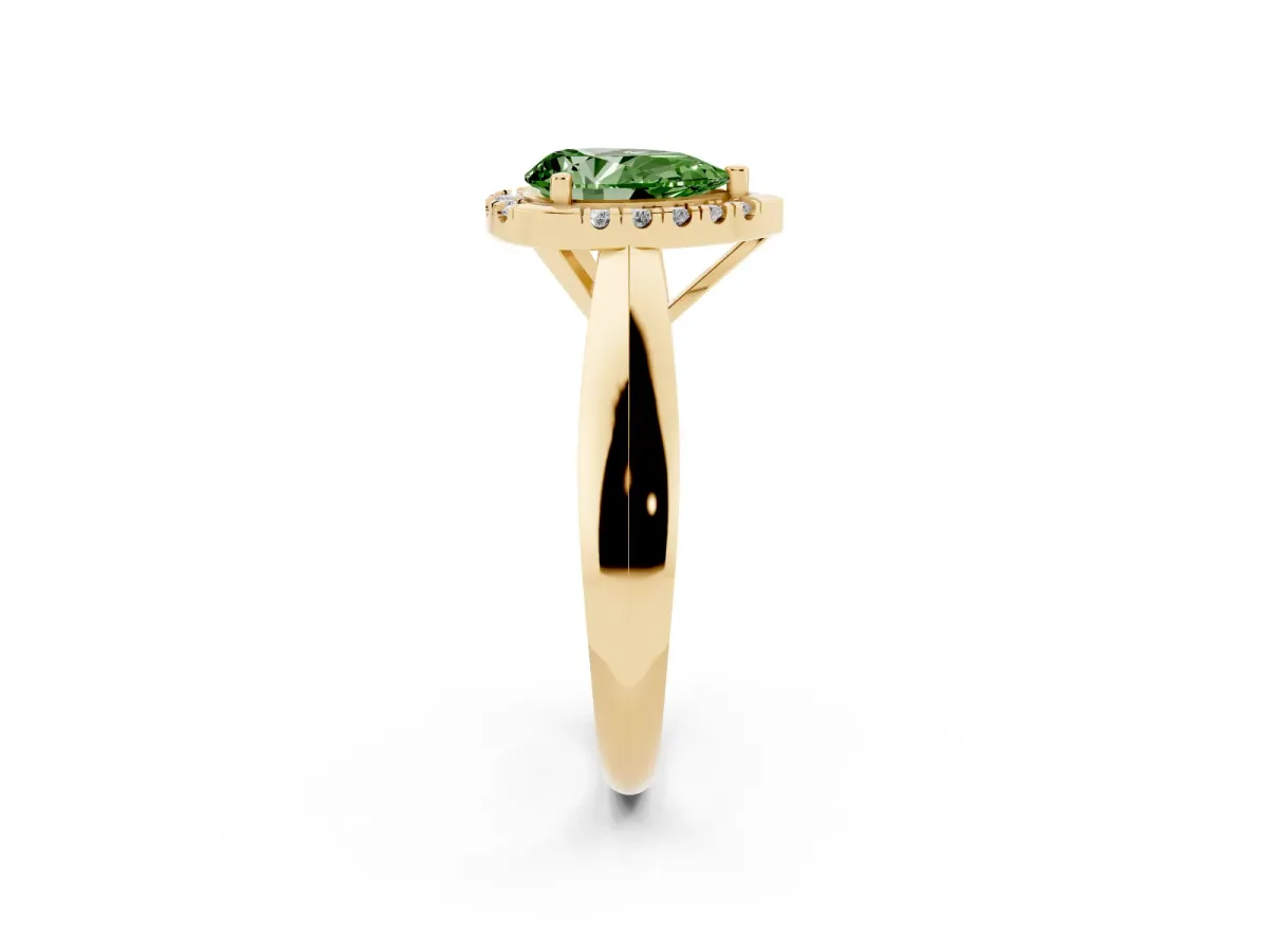 Fancy Green Pear Cut Cut Halo Solitaire Engagement Ring with Square Band and Four-Prong Setting Yellow gold