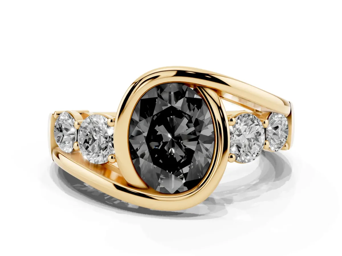 Fancy Black Bezel Set Oval Cut Diamond Bypass Ring with Round Accents Yellow gold