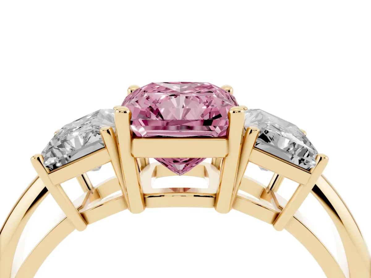 Fancy Pink Three-Stone Radiant Cut Cut Diamond Engagement Ring with Prong Setting on a White Gold Band Yellow gold