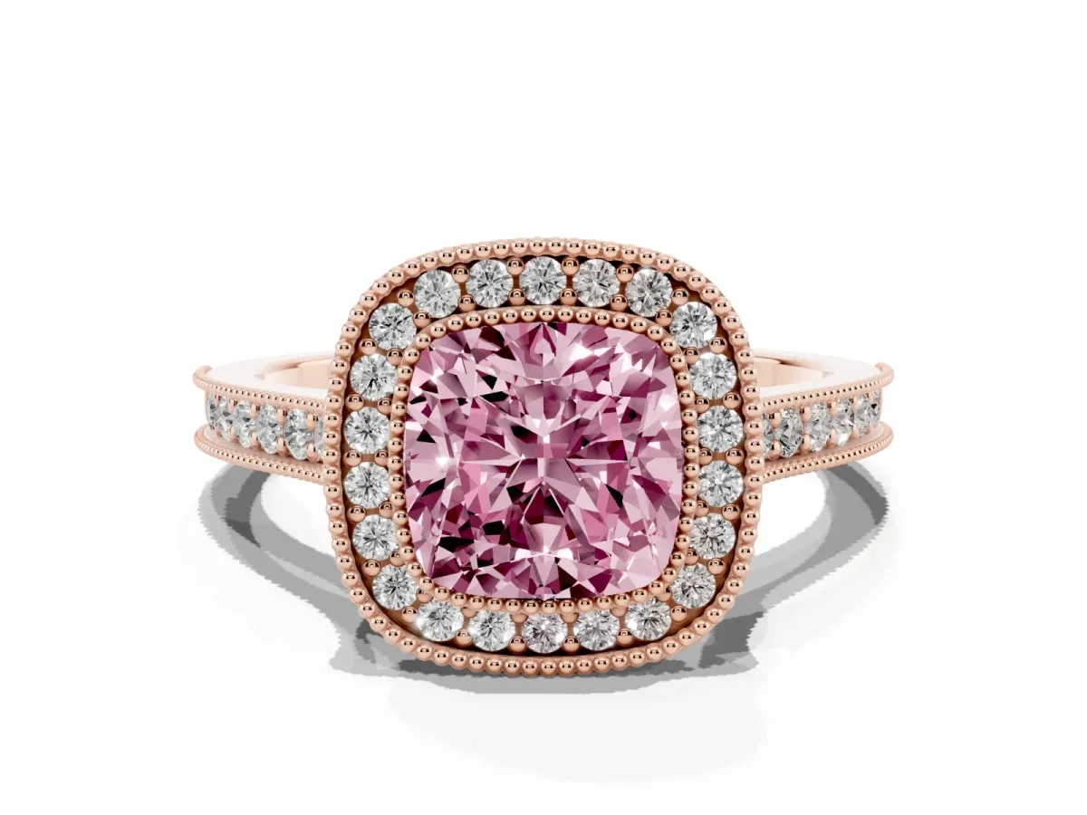 Fancy Pink Halo Cushion Cut-Cut Diamond Pave Band Milgrain Prong Setting Ring Rose gold