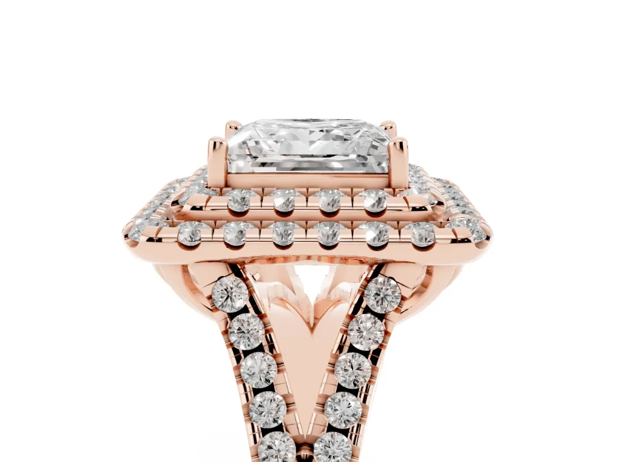 Double Halo Princess Cut Diamond Pavé Split Shank Ring with Prong Setting Rose gold