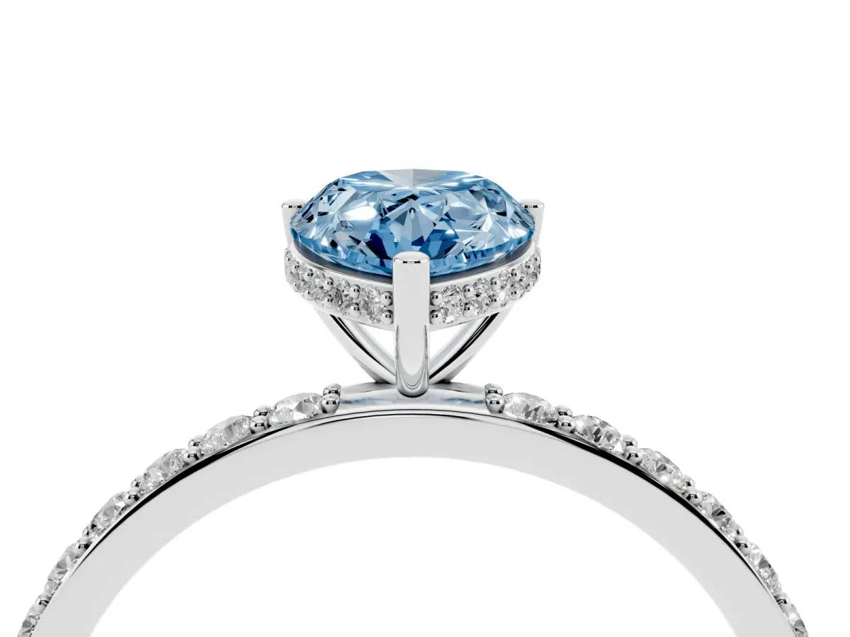 Fancy Blue Pear Cut Diamond Solitaire Ring with Pavé Band and Hidden Halo Silver