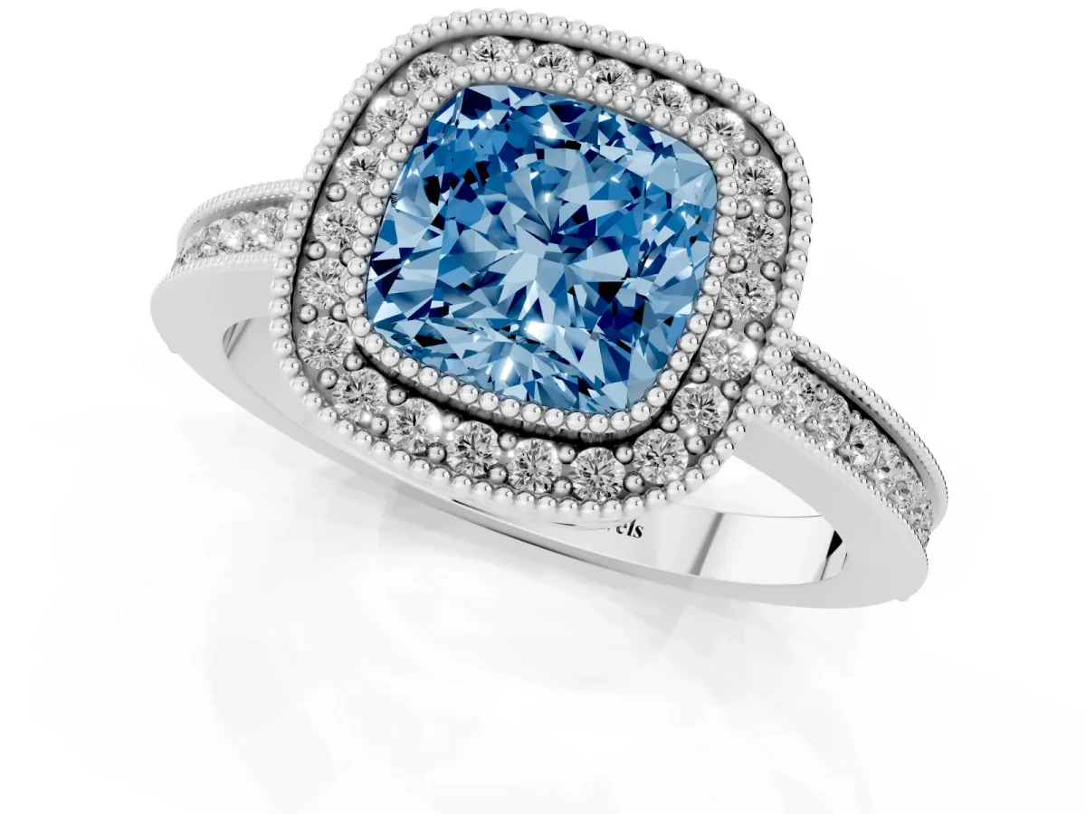 Fancy Blue Cushion Cut Cut Halo Diamond Ring with Pavé Band and Milgrain Prong Setting Platinum