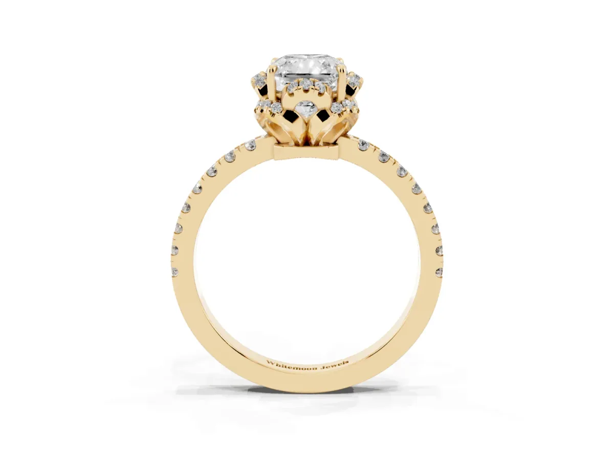 Radiant Cut Diamond Halo Pave Band with Four-Prong Setting Yellow gold