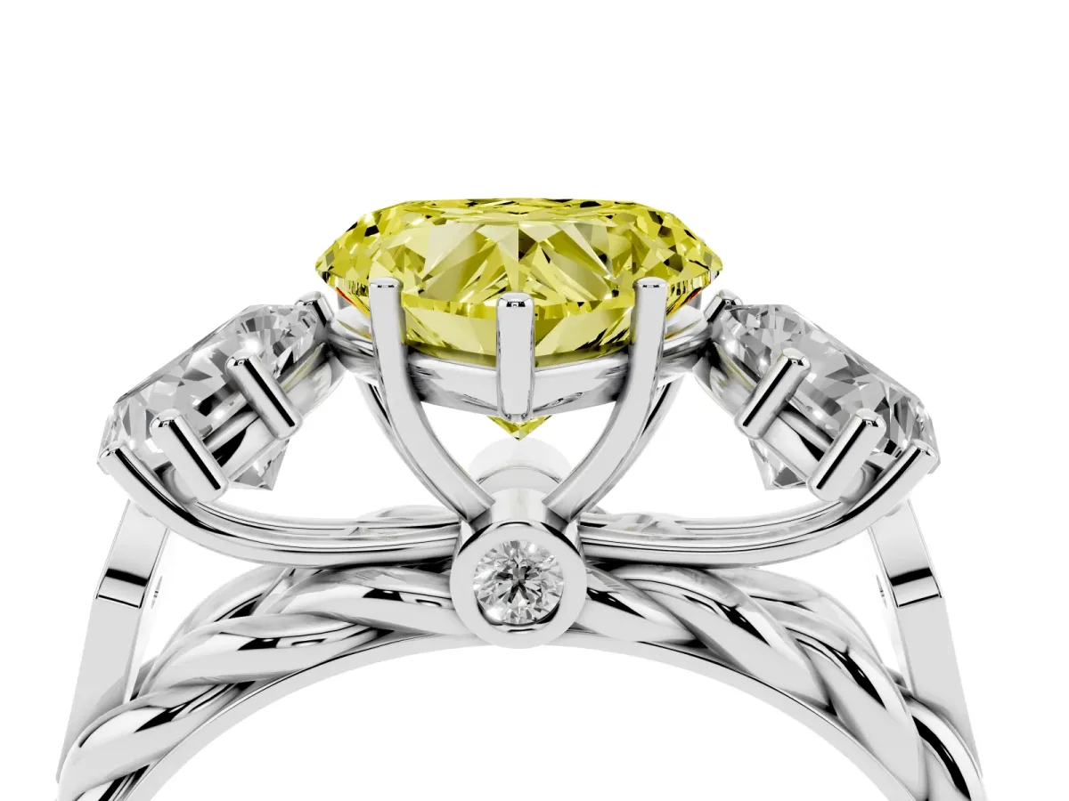 Fancy Yellow Three-Stone Heart Cut Diamond Braided Band Ring with Four-Prong Setting Silver