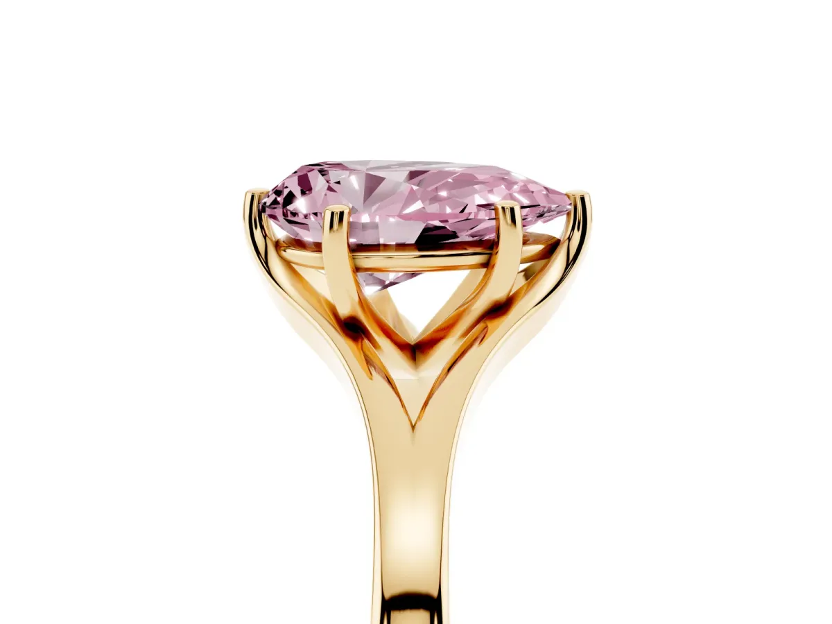 Fancy Pink Pear Cut Solitaire Diamond Ring with Six-Prong Setting and Tapered Band Yellow gold