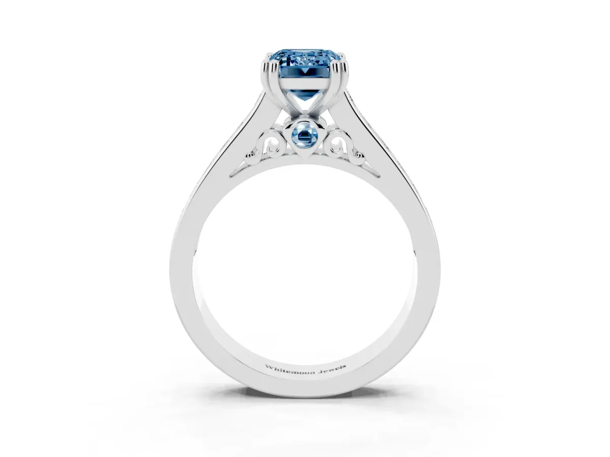 Fancy Blue Emerald Cut Cut Channel Set Solitaire Engagement Ring with Prong Setting Silver
