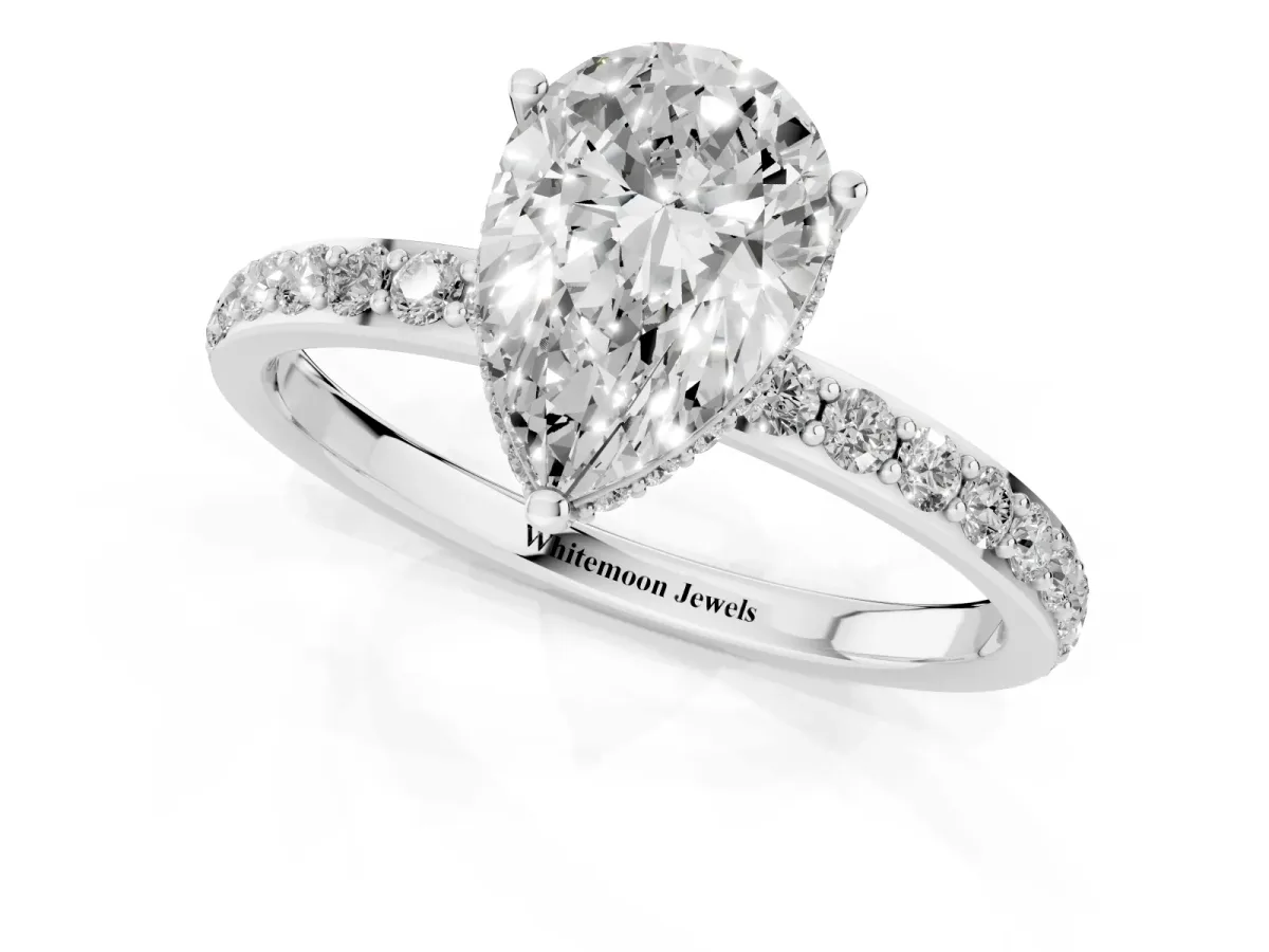 Pear Cut Diamond Solitaire Ring with Pavé Band and Hidden Halo Silver