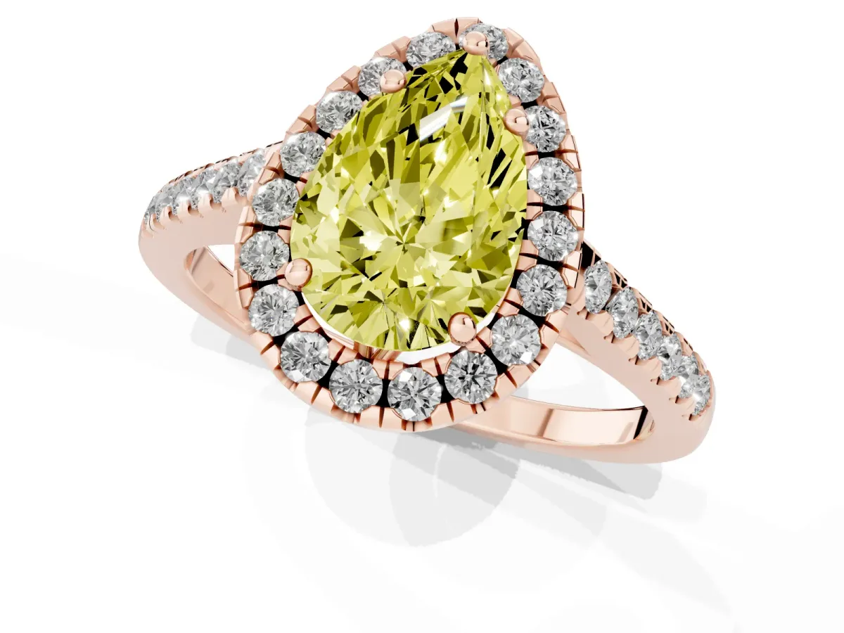 Fancy Yellow Pear Cut Halo Pavé Diamond Engagement Ring with Four-Prong Setting Rose gold