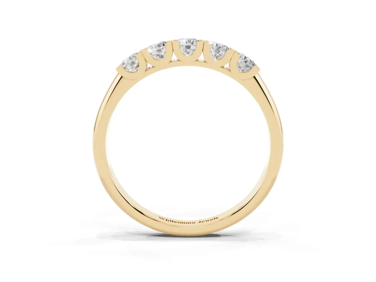 Round Diamond Channel Set Half Eternity Band with Shared Prong Setting Yellow gold