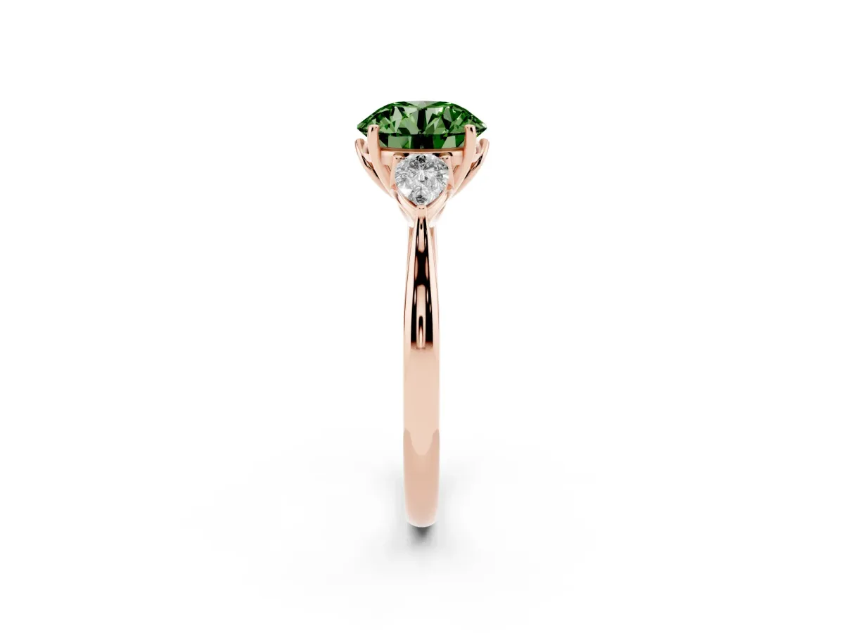 Fancy Green Three-Stone Round Cut Brilliant Diamond Solitaire Ring with Tapered Band and Four-Prong Setting Rose gold