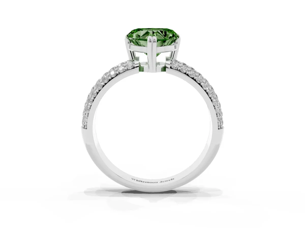 Fancy Green Heart Cut Diamond Solitaire Ring with Multi-Row Round Pavé Band and Prong Setting White gold