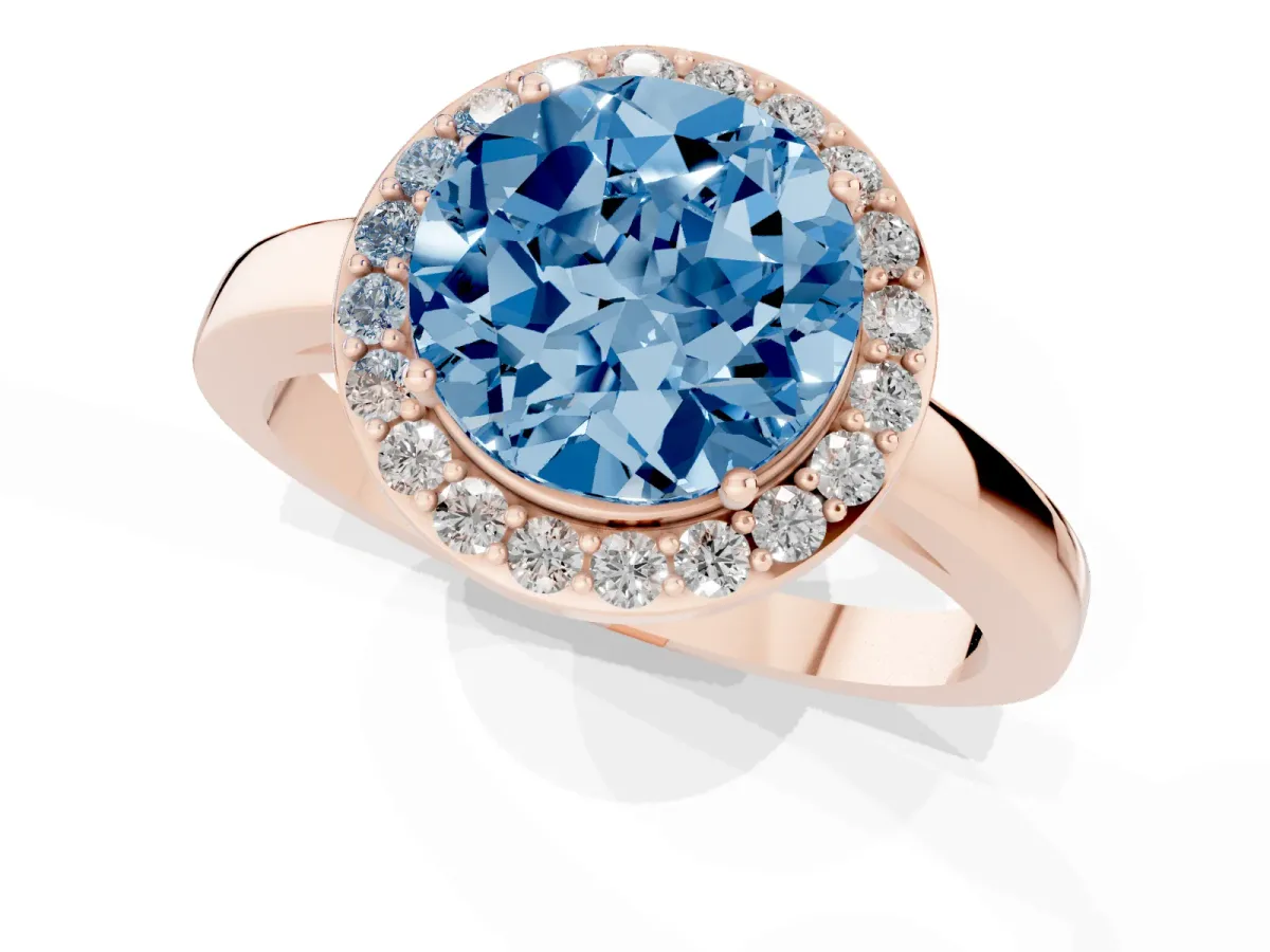 Fancy Blue Round Cut Halo Diamond Ring with Solitaire Band and Prong Setting Rose gold