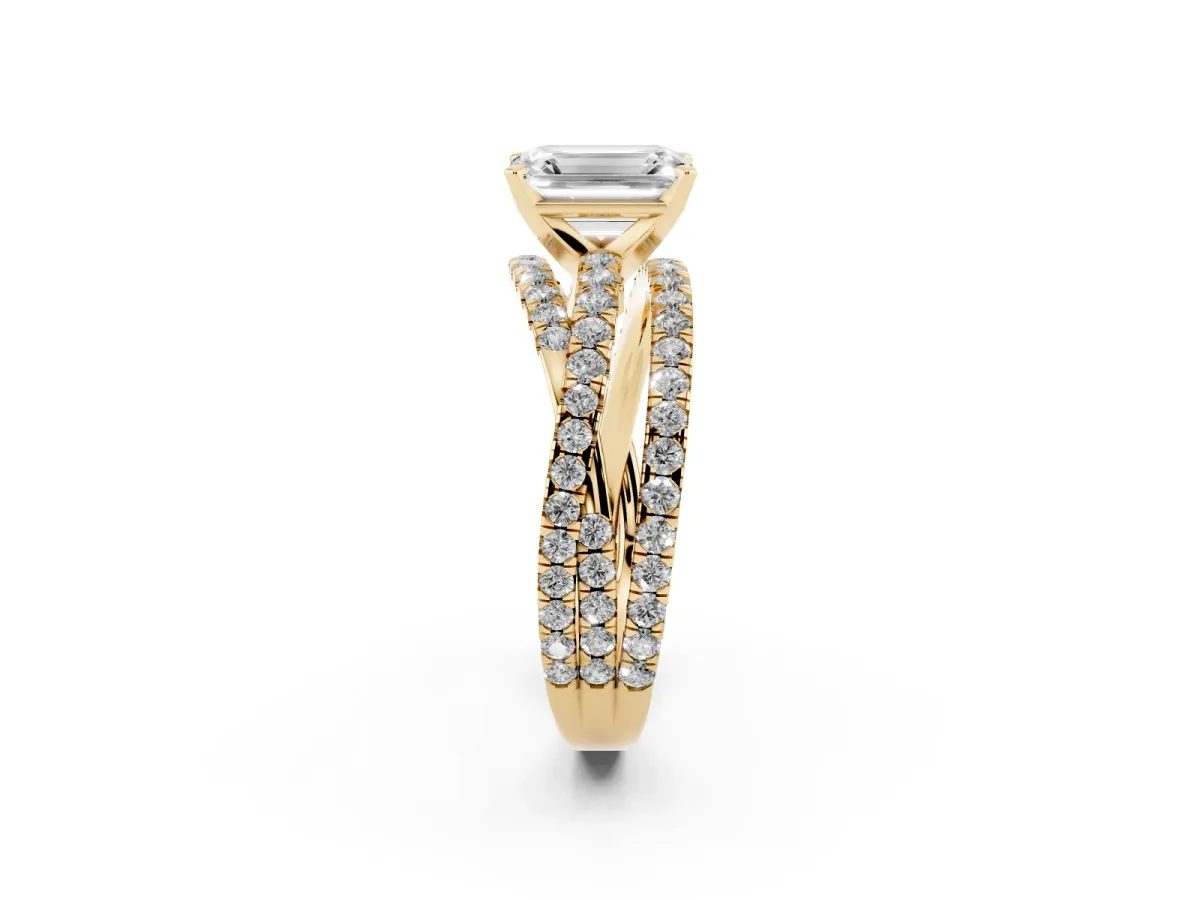 Emerald Cut Solitaire Twist Band with Pavé Setting and Four-Prong Setting Yellow gold