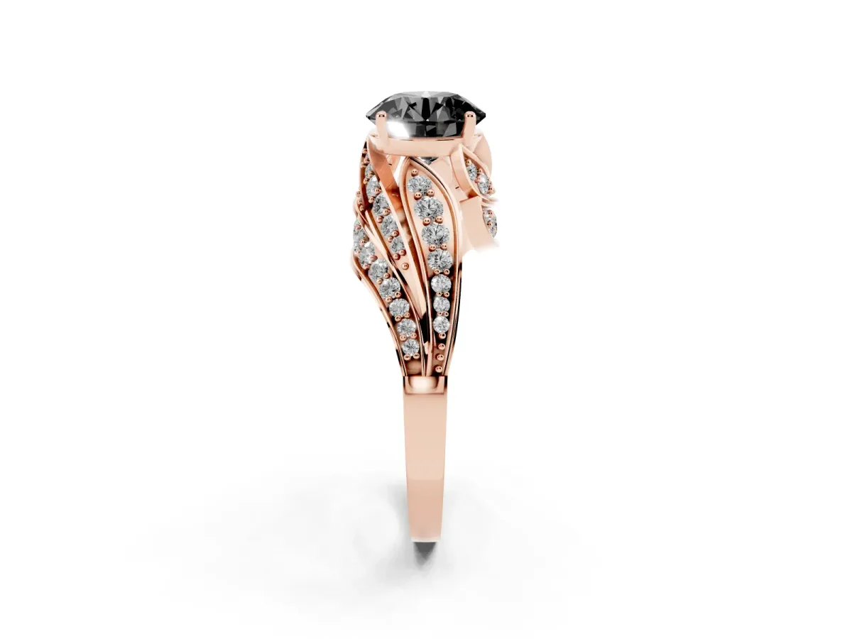 Fancy Black Round Cut Diamond Solitaire Ring with Prong Setting and Twisted Pavé Band Rose gold