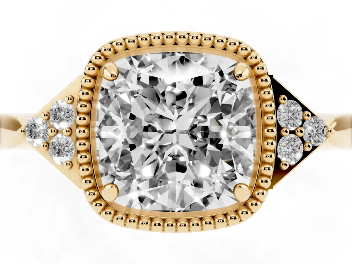 Cushion Cut Diamond Halo Ring with Tapered Band and Four-Prong Setting Yellow gold