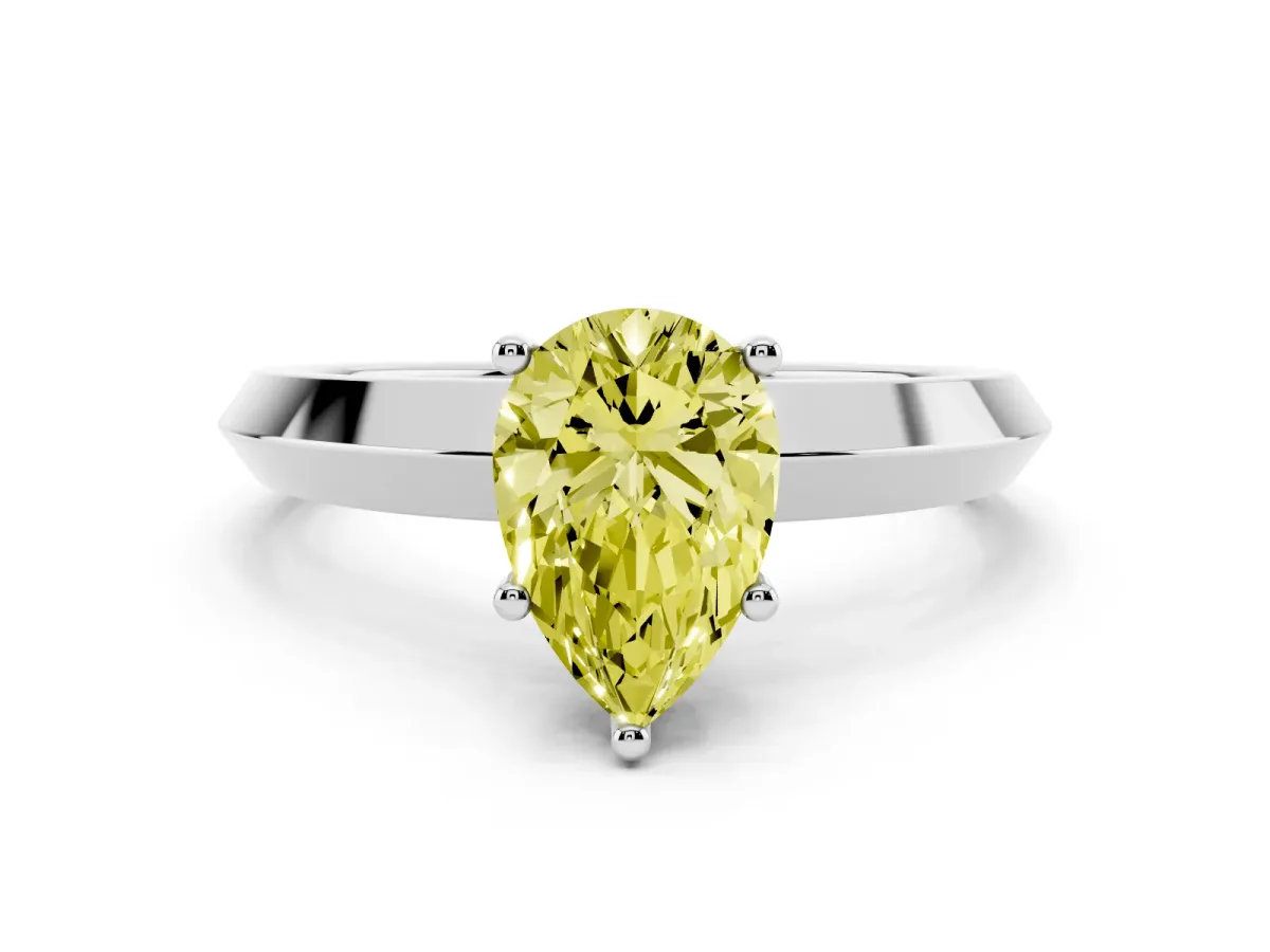 Fancy Yellow Pear Cut Cut Solitaire Engagement Ring with Flat Band and Four-Prong Setting Silver
