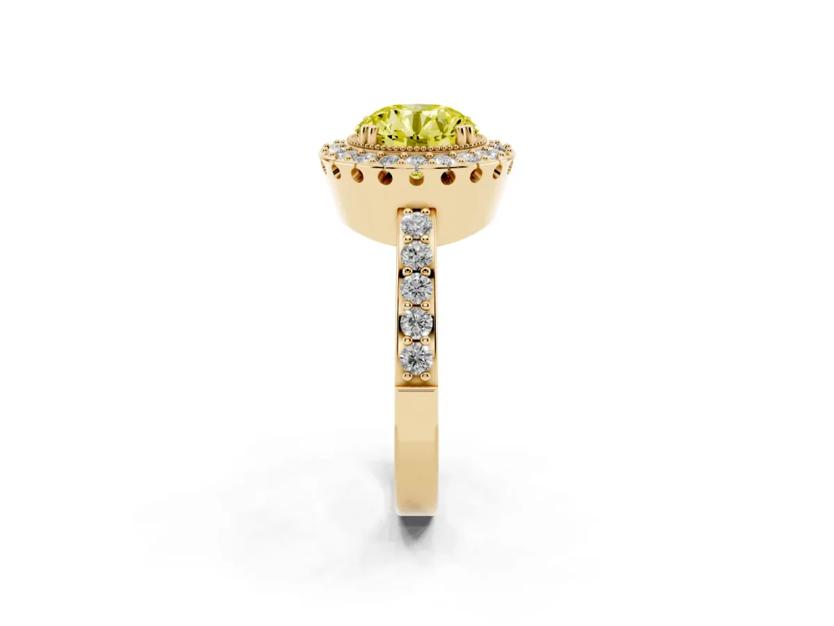 Fancy Yellow Round Cut Diamond Halo Ring with Pavé Band and Prong Setting Yellow gold