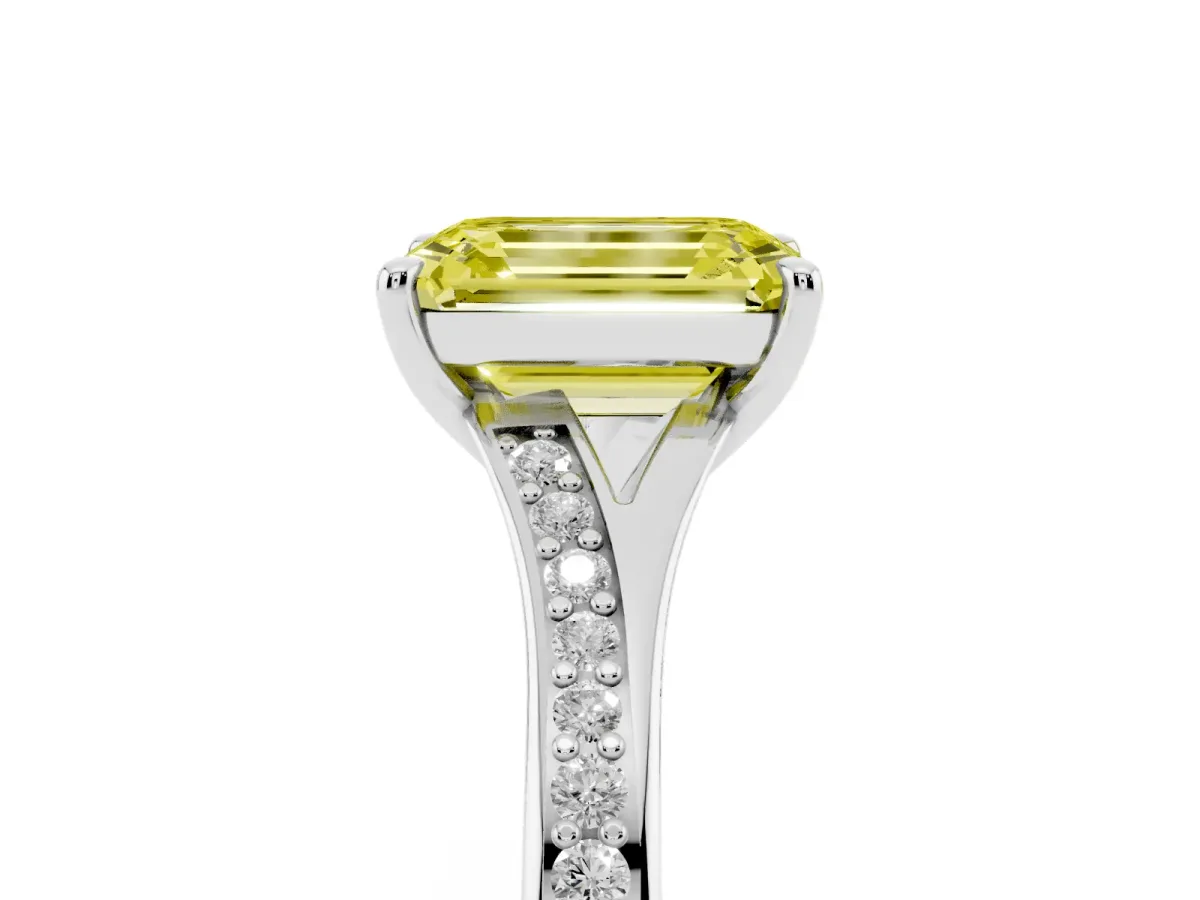 Fancy Yellow Emerald Cut Diamond Solitaire Ring with Pavé Band and Prong Setting Silver