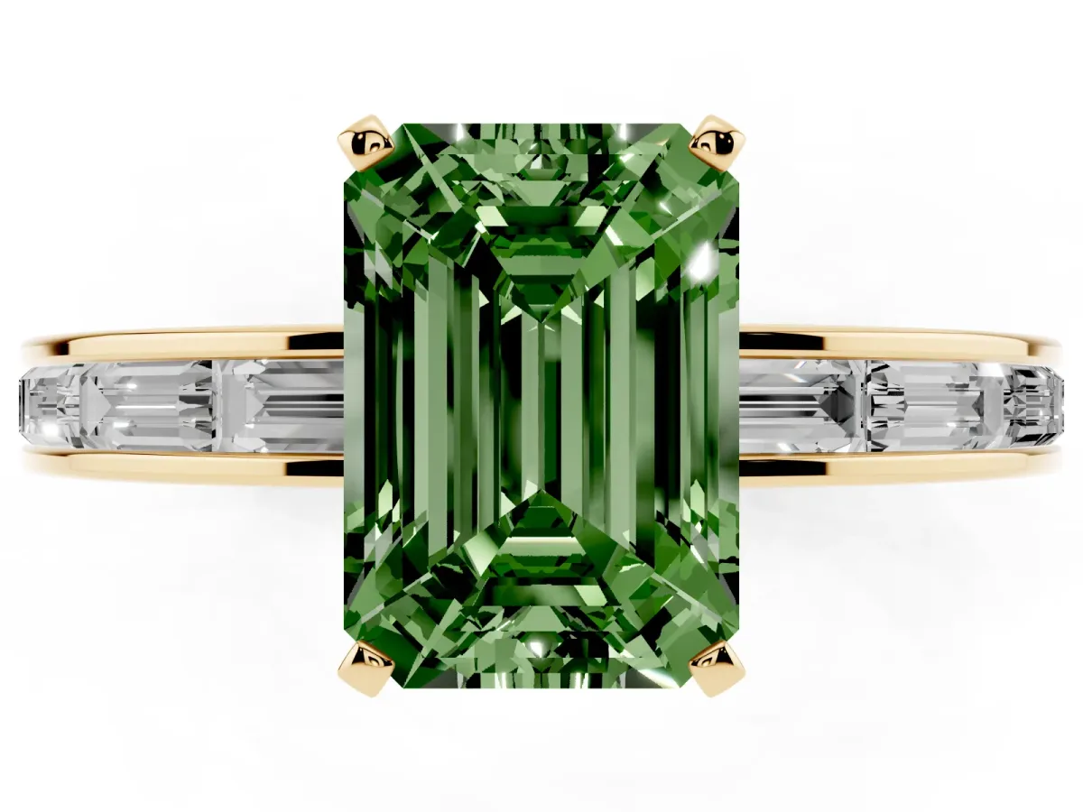 Fancy Green Emerald Cut Solitaire Diamond Ring with Channel-Set Baguette Band and Four-Prong Setting Yellow gold