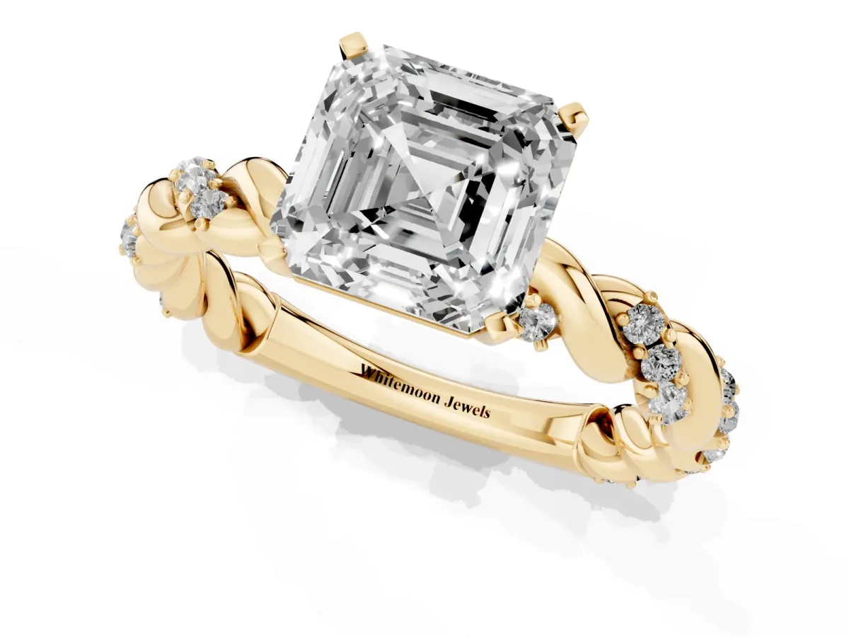 Asscher Cut Diamond Solitaire Ring with Twisted Band and Pavé Accents Yellow gold