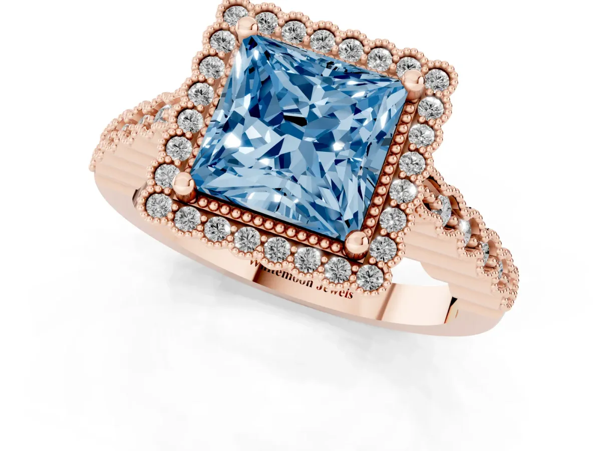 Fancy Blue Princess Cut Cut Halo Pavé Solitaire Ring with Milgrain Band Rose gold