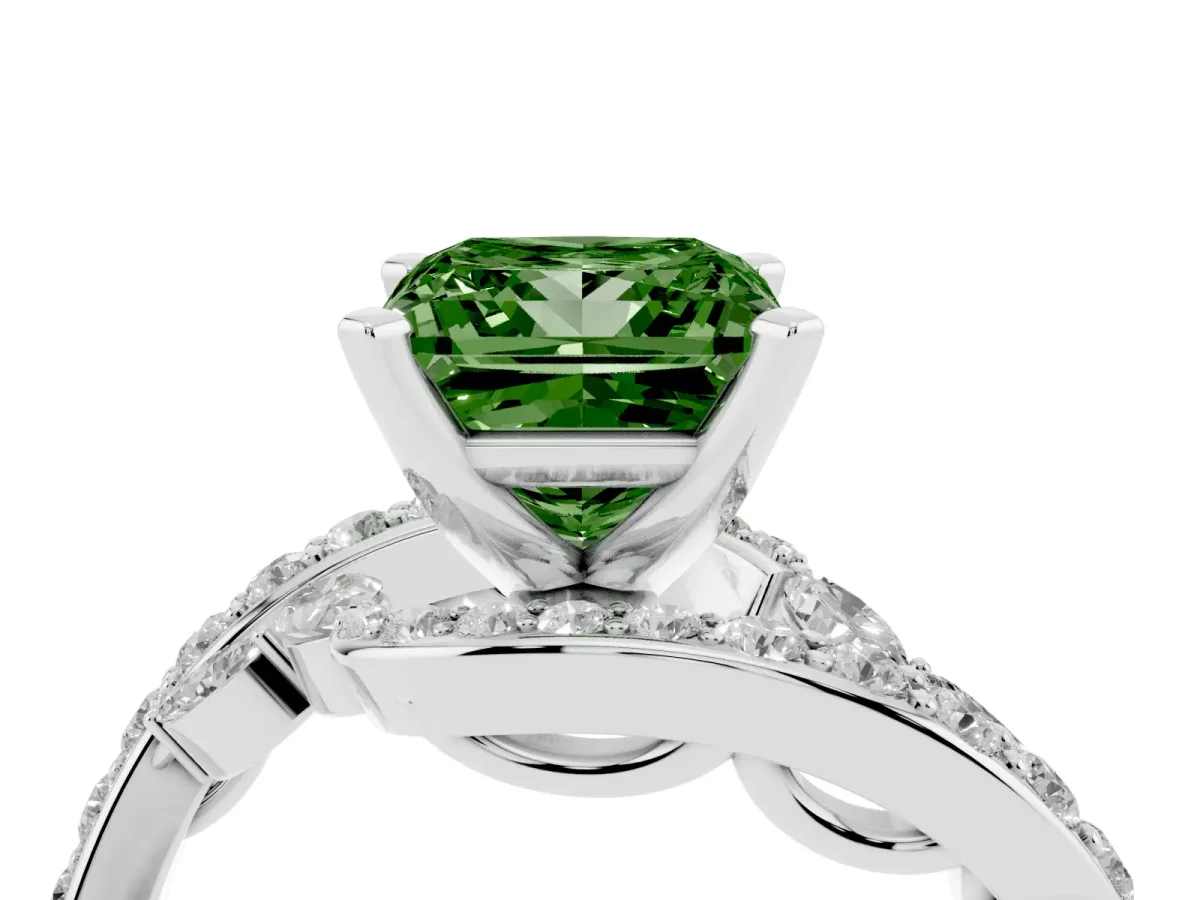 Fancy Green Princess Cut Solitaire with Pavé Twist Band and Four-Prong Setting Platinum