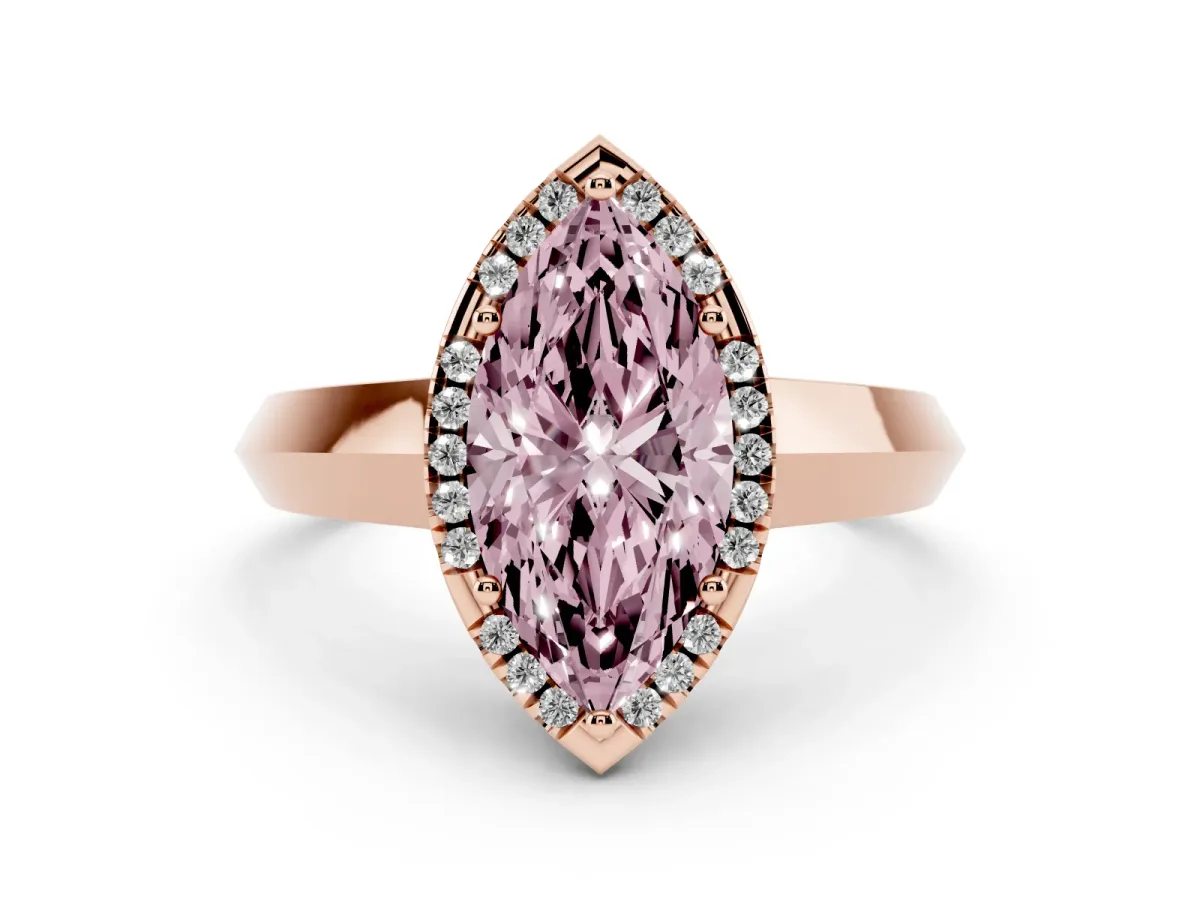 Fancy Pink Marquise Cut Halo Diamond Ring with Cathedral Band and Four-Prong Setting Rose gold