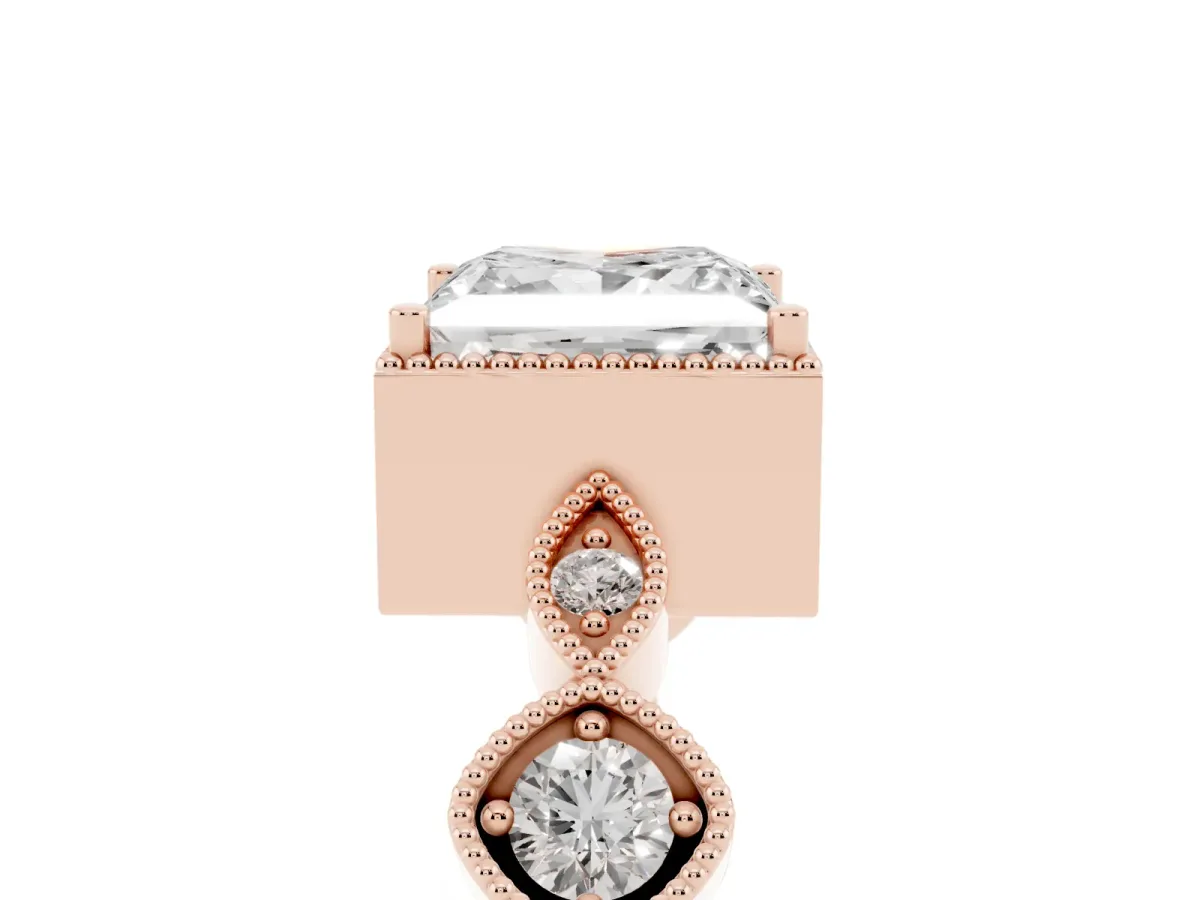 Princess Cut Diamond Vintage Milgrain Ring with Round Stations Rose gold