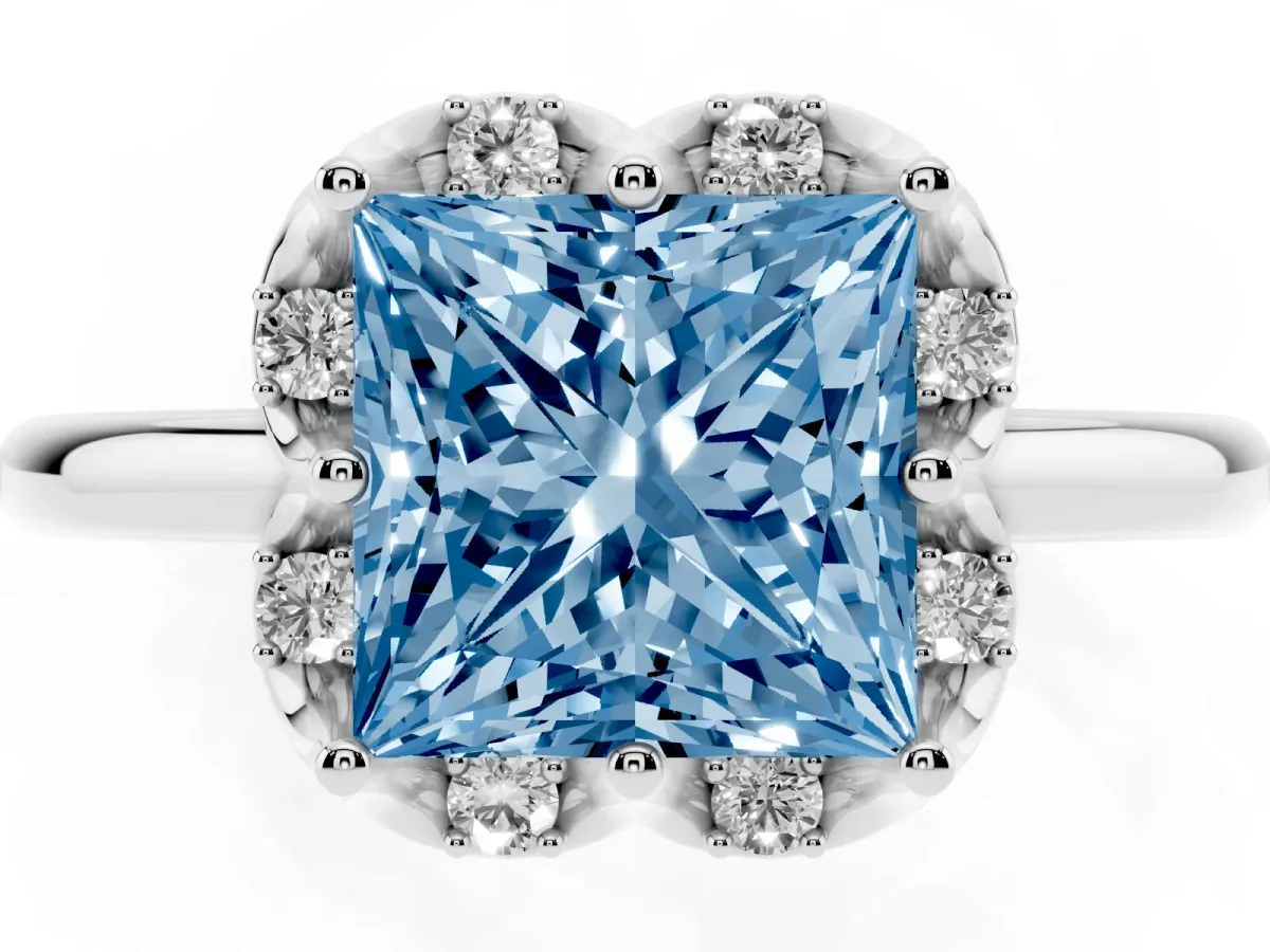 Fancy Blue Princess Cut Halo Diamond Ring with Round Cluster Setting, Solitaire Band, and Four-Prong Setting Silver